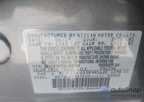 2019 Nissan Versa S/S Plus/Sv z USA, uszkodzony, nr VIN 3N1CN7AP2KL866164